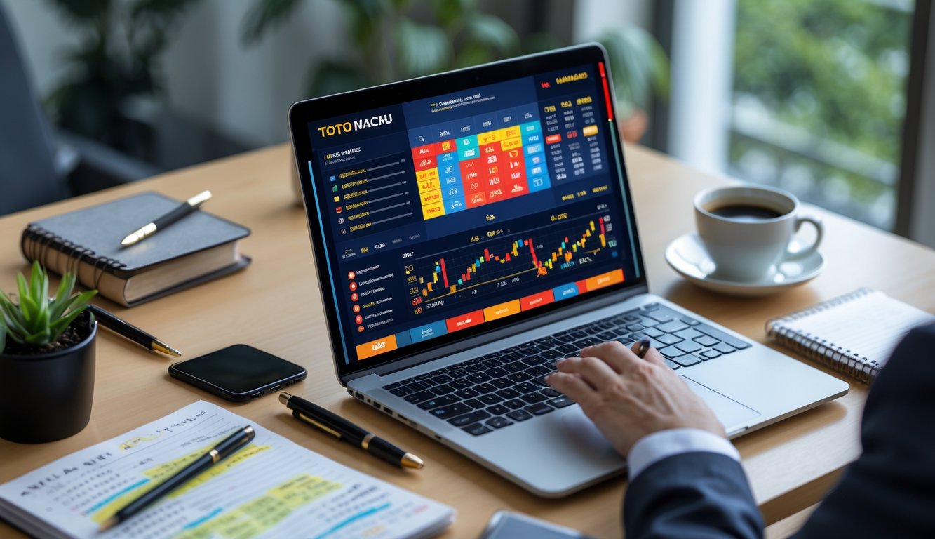 Meja kerja modern dengan laptop menampilkan layar permainan Toto Macau, notebook, ponsel, dan cangkir kopi.