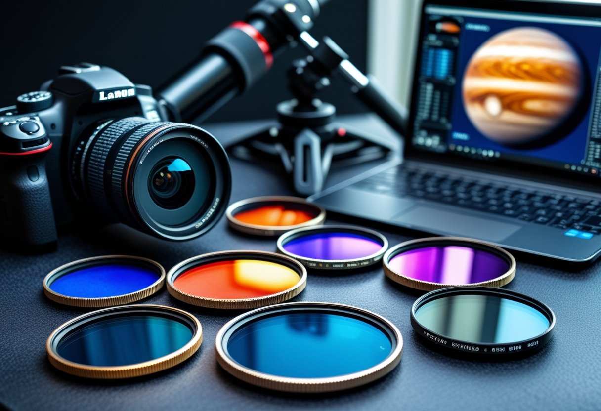 Close-up of various camera filters for planetary photography arranged with a DSLR camera, telescope parts, star charts, and a laptop showing a planet image.