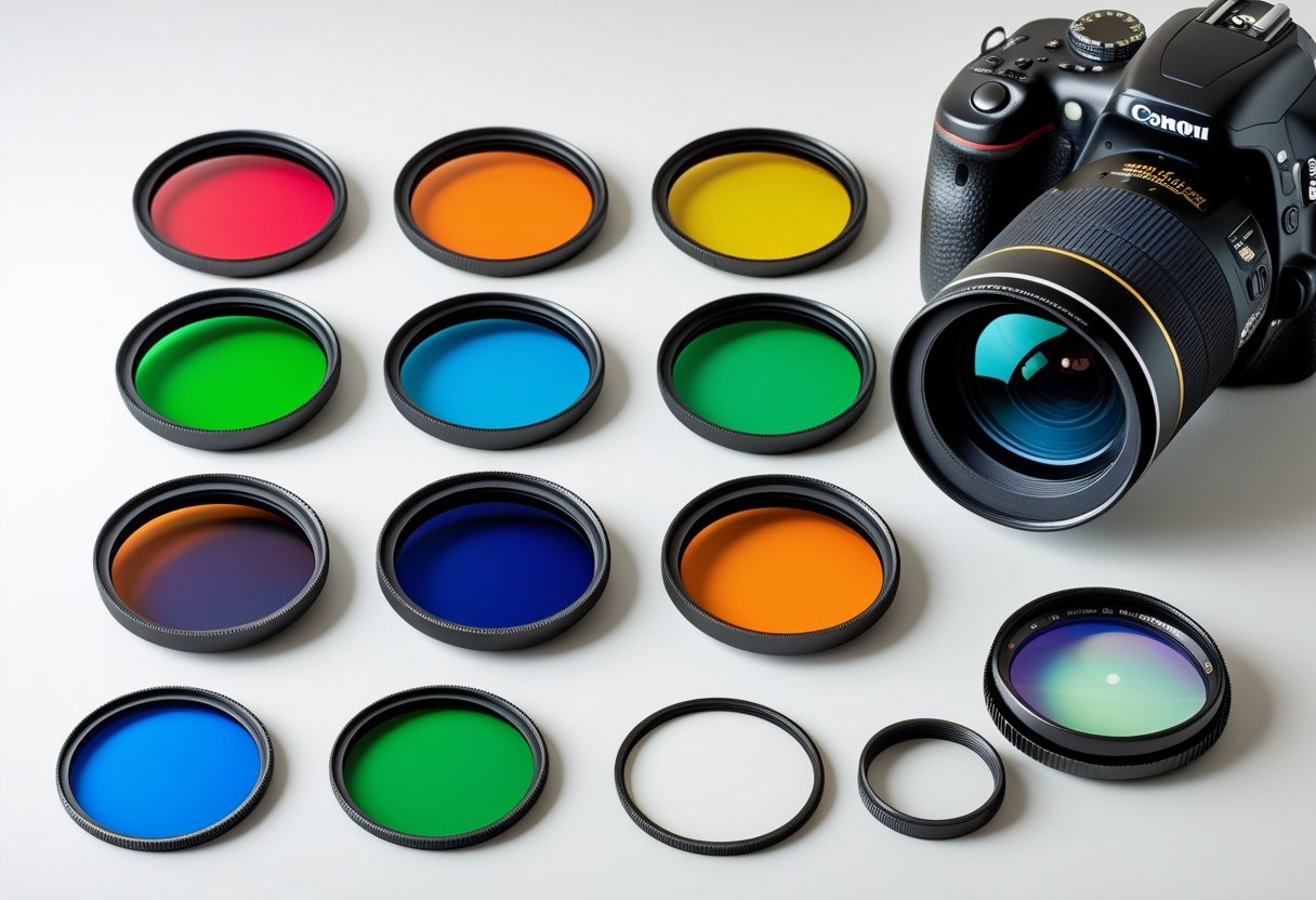 A collection of camera filters and a DSLR camera with a telescope adapter arranged on a neutral background.