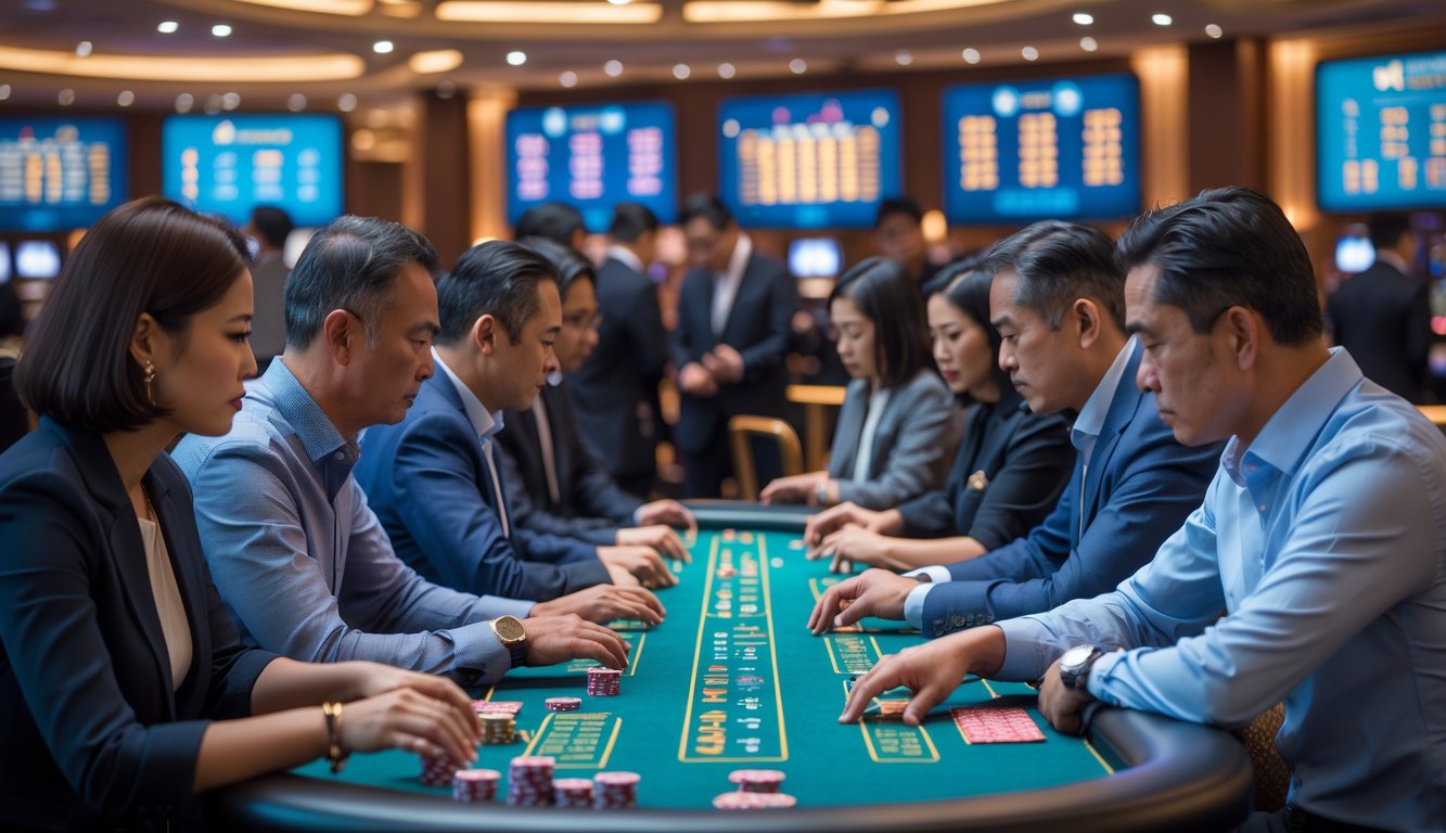 Beberapa pemain serius sedang berkumpul di meja judi di kasino modern dengan suasana mewah dan pencahayaan terang.