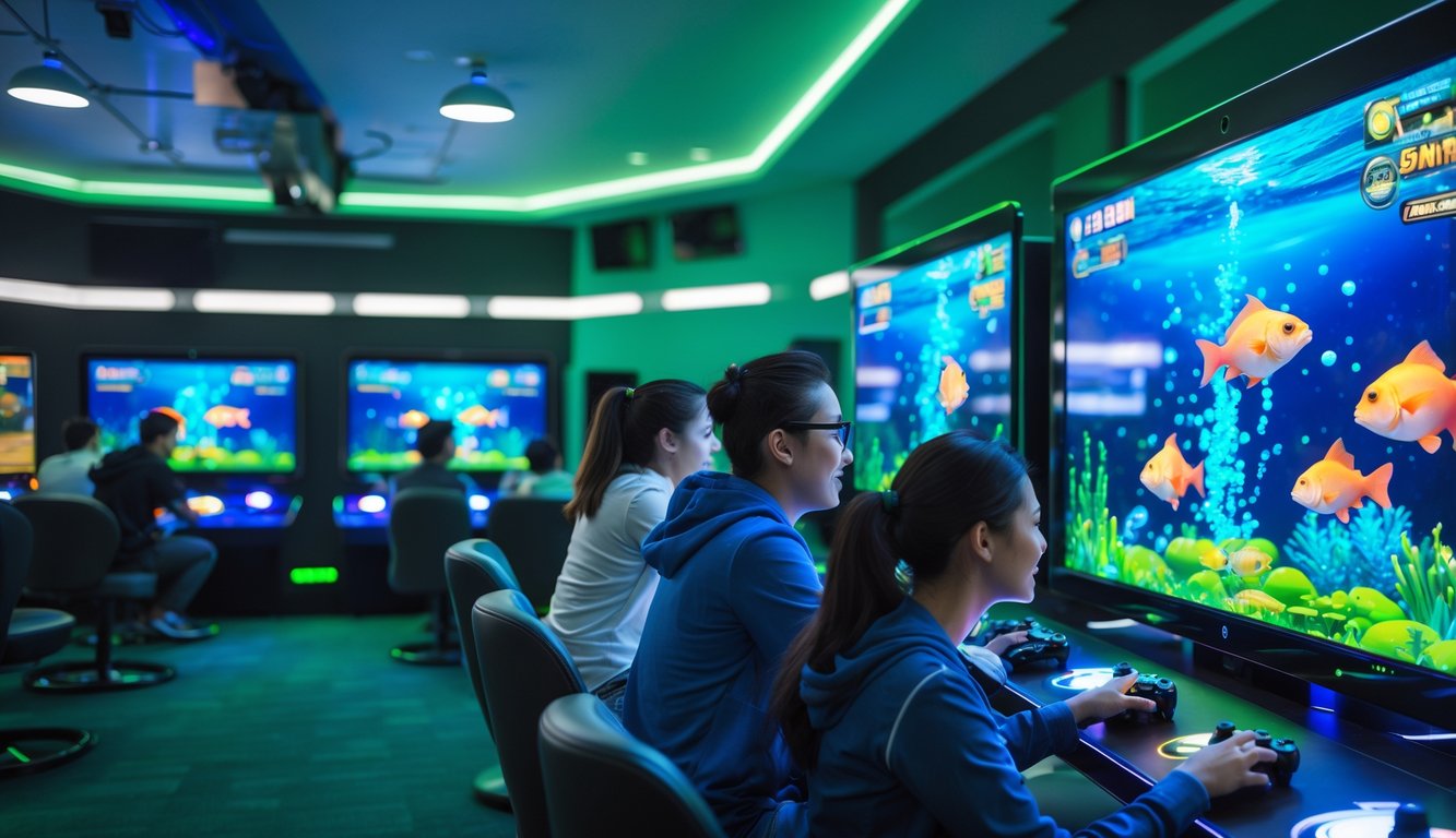 Beberapa orang bermain permainan tembak ikan digital di ruang permainan dengan layar besar dan pencahayaan biru hijau.