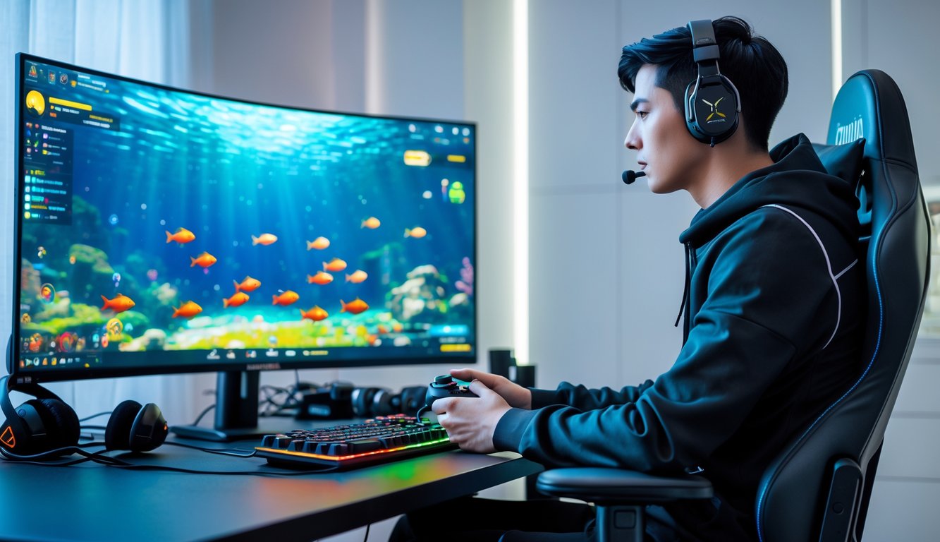 Seorang pria muda duduk di depan komputer dengan layar menampilkan permainan tembak ikan yang berwarna-warni, fokus bermain di ruangan gaming yang rapi dan terang.