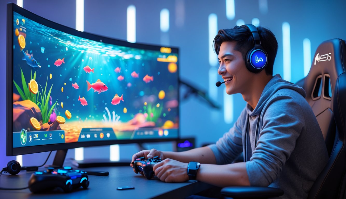 Seorang pemain muda sedang bermain game tembak ikan di depan layar komputer dengan latar belakang suasana gaming yang modern dan cerah.