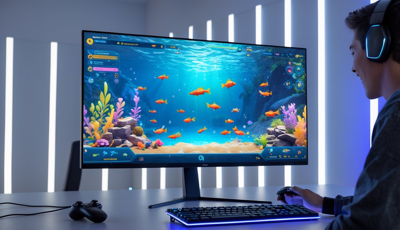 Seorang gamer sedang bermain permainan tembak ikan di komputer dengan latar belakang ruangan modern dan pencahayaan LED.