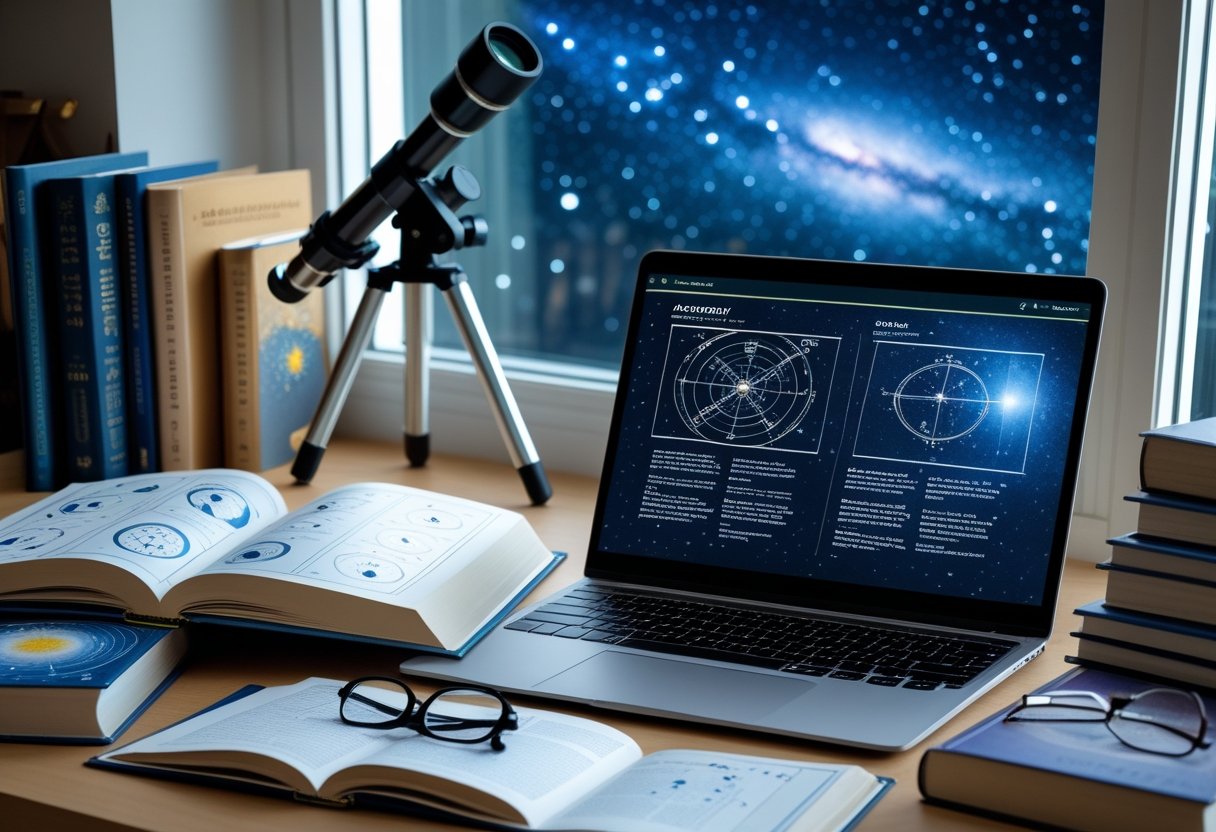 A study desk with an open astronomy book, a laptop showing an astronomy course, eyeglasses, stacked books, and a telescope by a window with a starry night sky.