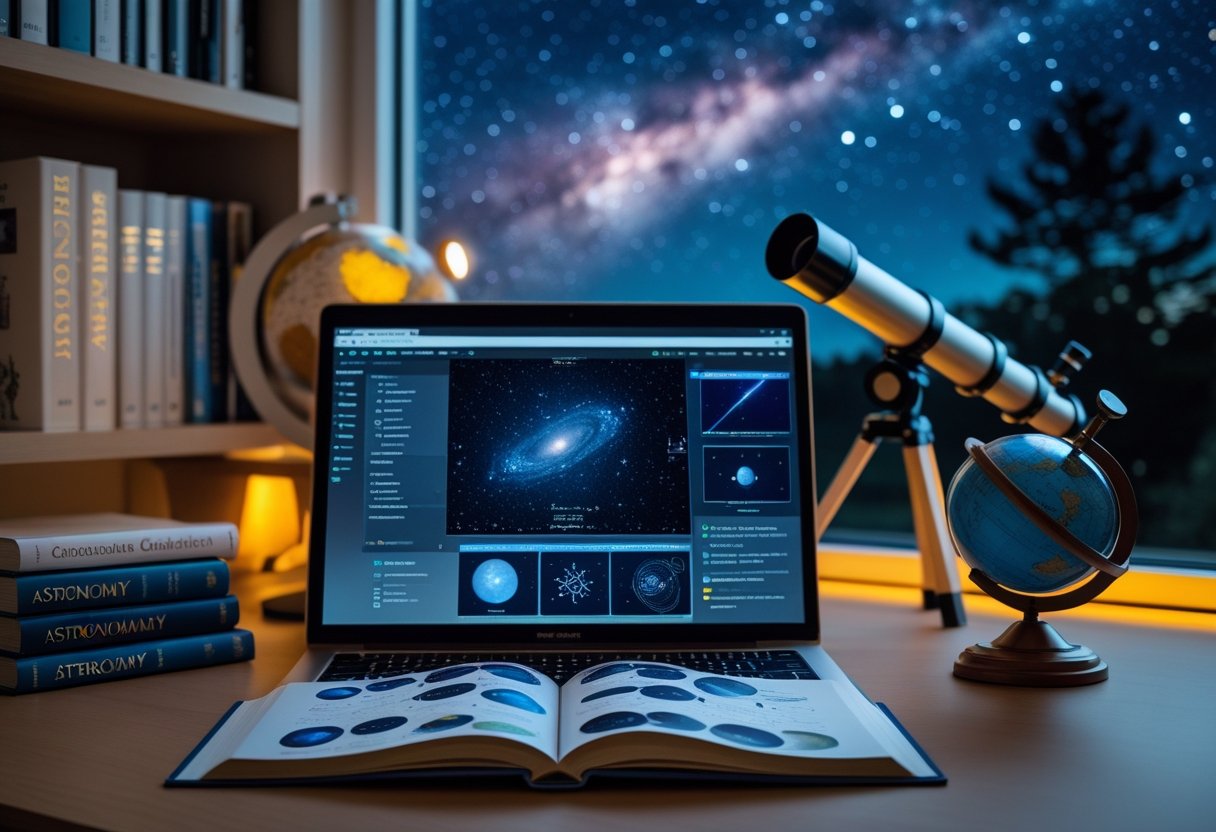 A study desk with an open astronomy book, a laptop displaying a star map, a small telescope by a window showing a starry night sky, and shelves filled with books.