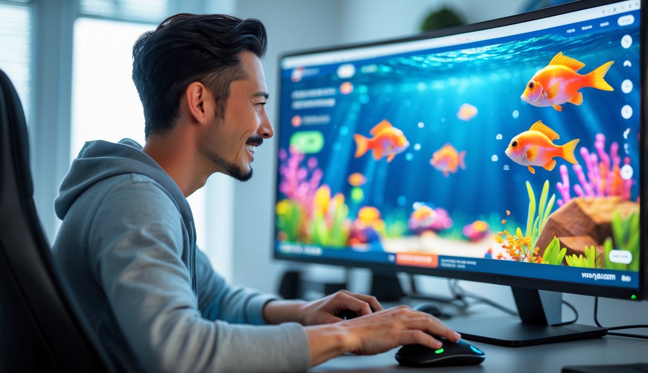 Seorang pemain dewasa sedang bermain game tembak ikan di komputer dengan tampilan grafis bawah laut yang berwarna-warni di ruang kerja yang rapi dan terang.