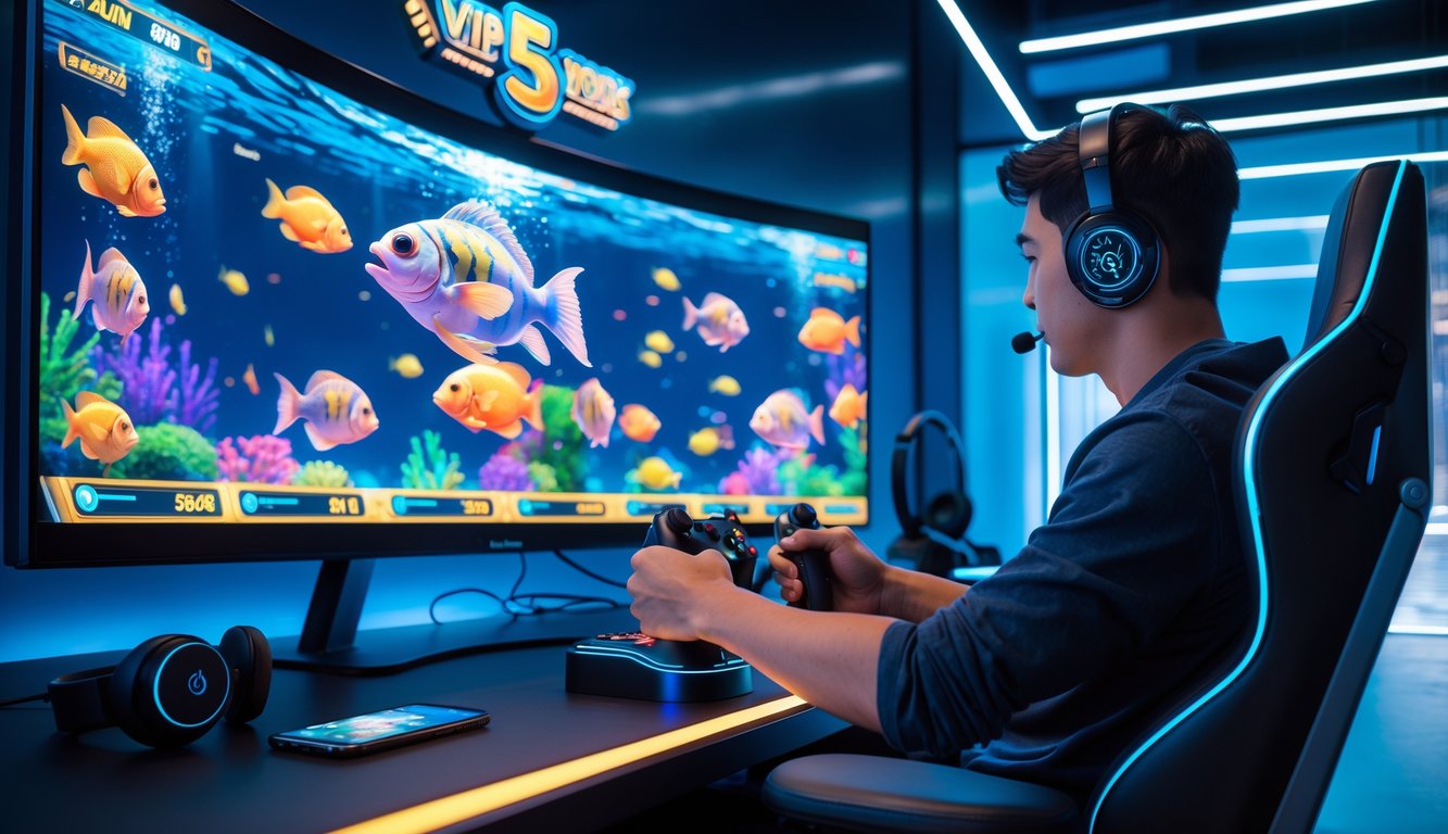 Seorang pria dewasa sedang bermain game tembak ikan di depan monitor besar dengan suasana ruangan yang gelap dan pencahayaan LED.