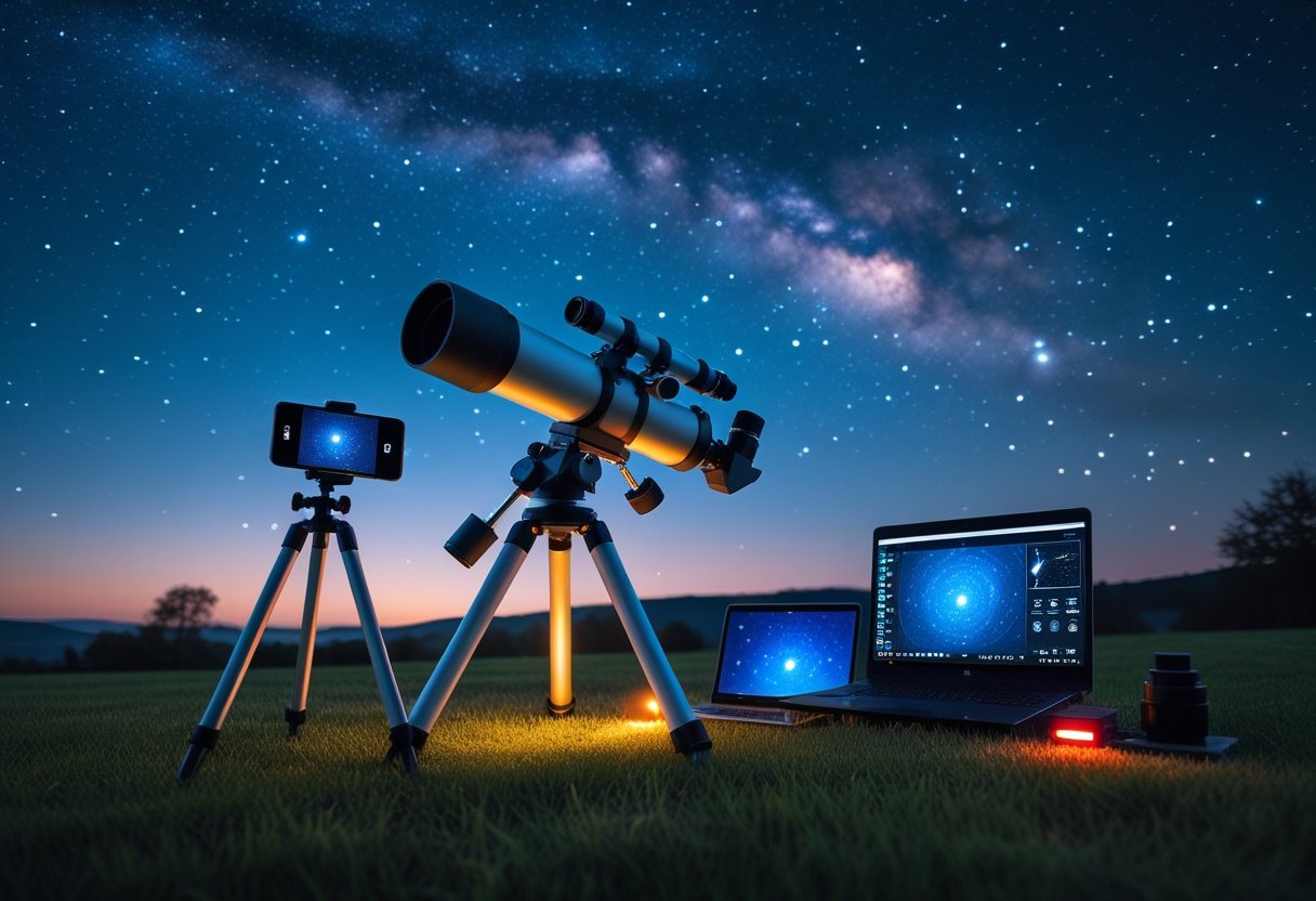 An outdoor night scene showing a budget-friendly astrophotography setup with a small telescope on a tripod, a DSLR camera attached, a laptop with star maps, and accessories on a table under a starry sky.
