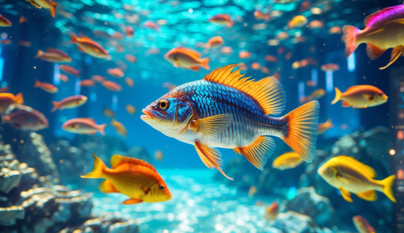 Pemandangan bawah laut dengan ikan-ikan berwarna-warni berenang di air jernih dengan latar belakang elemen permainan digital.