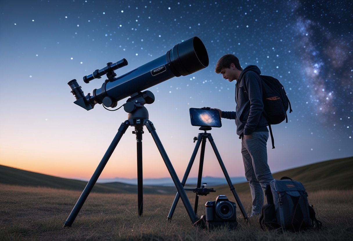 A person adjusting a compact telescope outdoors at dusk with a starry sky and astrophotography gear nearby.