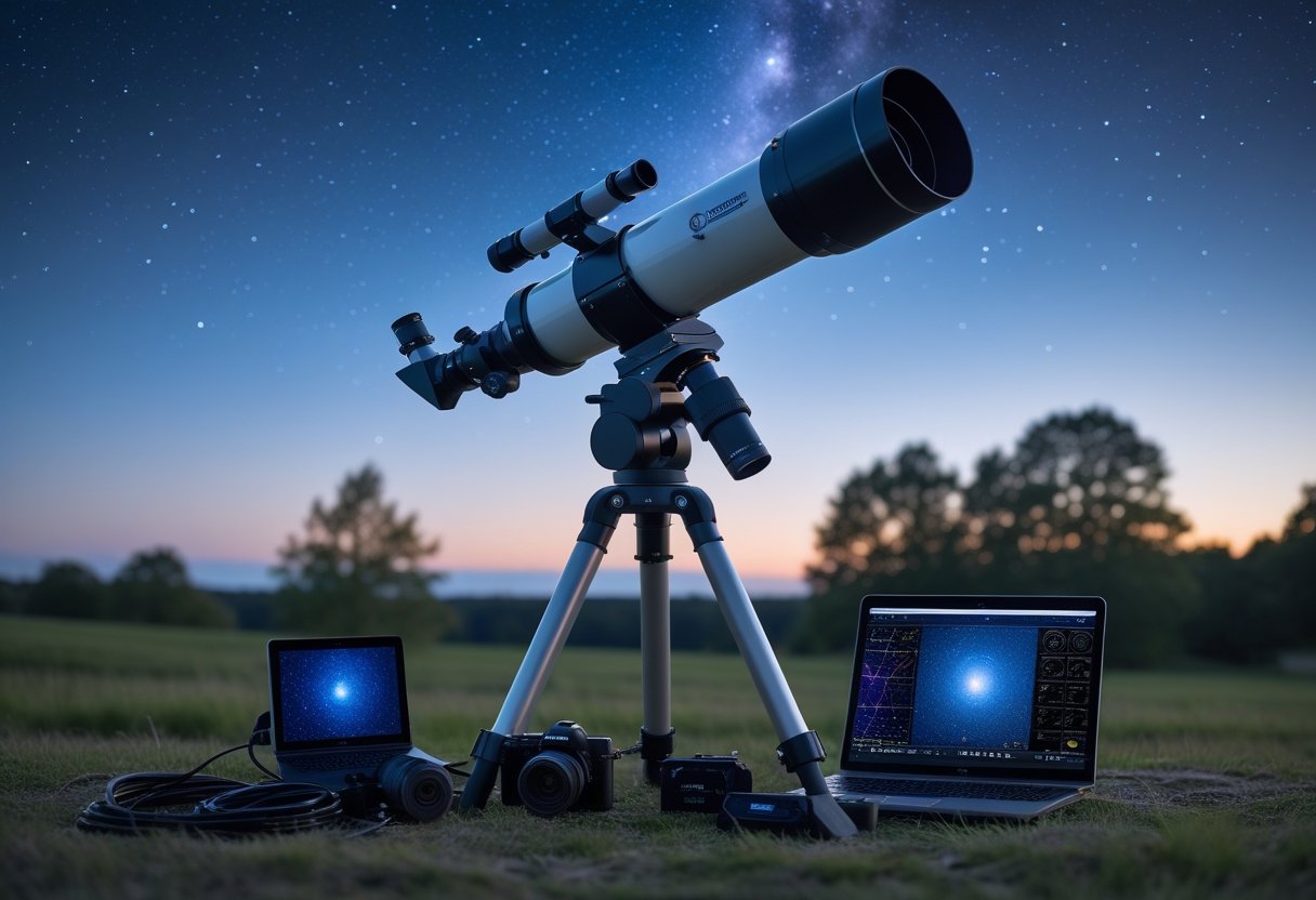 A compact telescope on a tripod with a camera attached, set up outdoors at twilight with a clear starry sky and a natural landscape in the background.