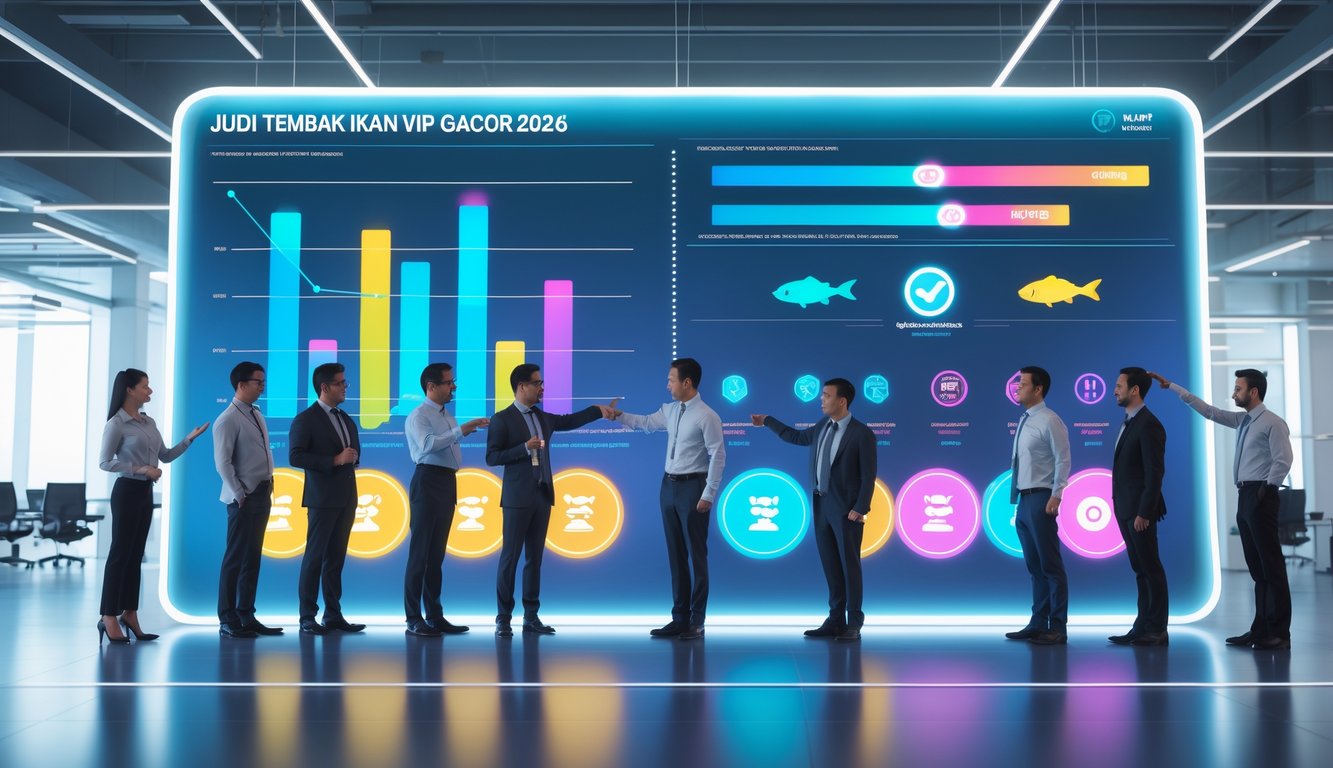 Sekelompok profesional sedang melihat dan membandingkan grafik fitur permainan judi tembak ikan di layar transparan di kantor modern.