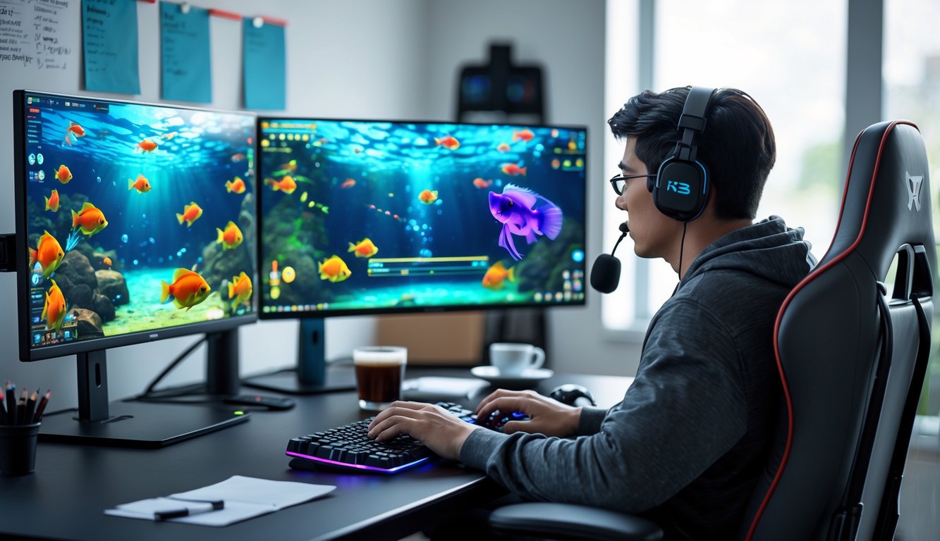 Seorang pemain muda fokus bermain game tembak ikan di depan beberapa monitor dengan grafik ikan berwarna-warni di meja yang rapi dan terang.