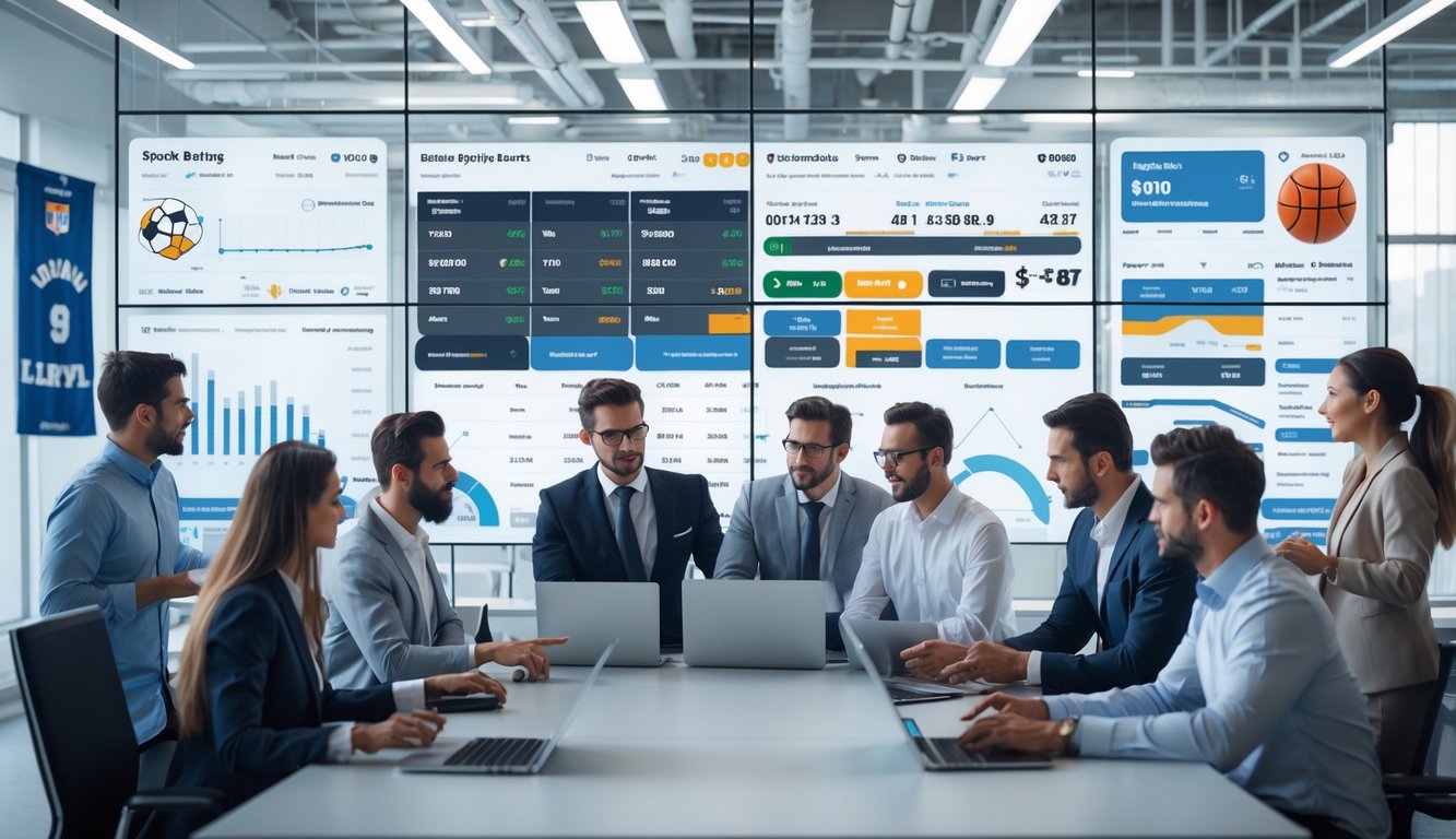 Sekelompok orang berdiskusi dan menggunakan perangkat digital di ruang kantor modern dengan layar menampilkan statistik olahraga.