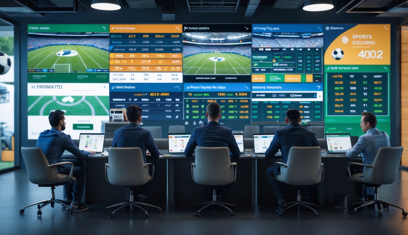 Beberapa orang sedang melihat layar besar yang menampilkan pertandingan olahraga dan statistik taruhan di sebuah ruangan modern.