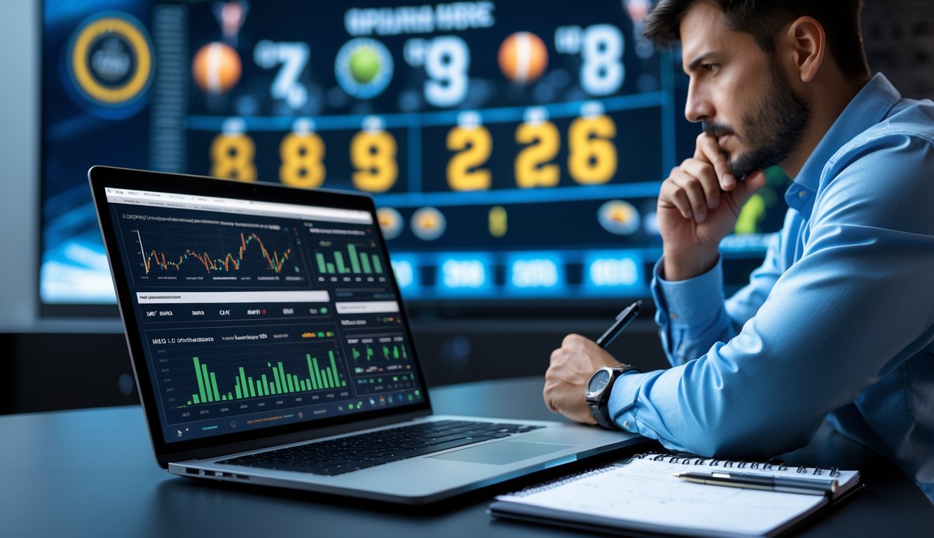 Seorang pria sedang menganalisis data olahraga di depan laptop dengan grafik dan papan skor digital di latar belakang.