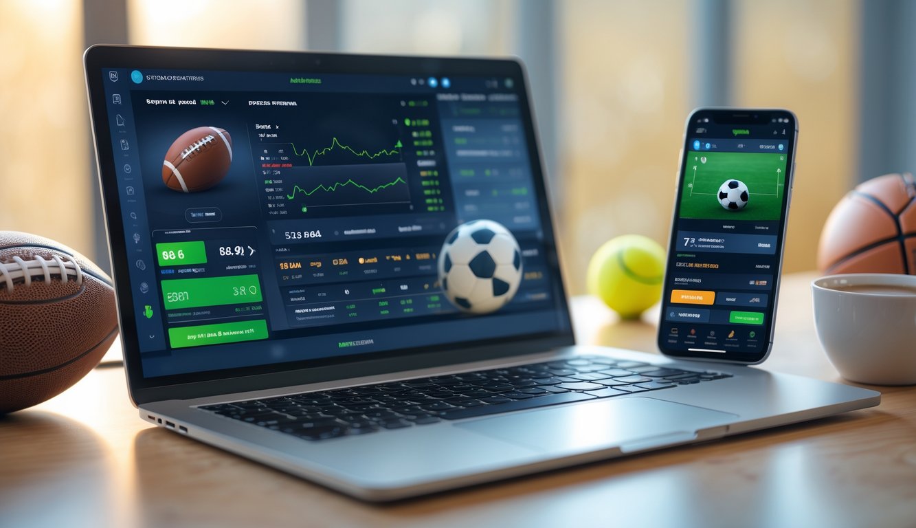 Meja kerja modern dengan laptop, smartphone, dan bola olahraga, menunjukkan suasana taruhan olahraga online yang aman dan terpercaya.