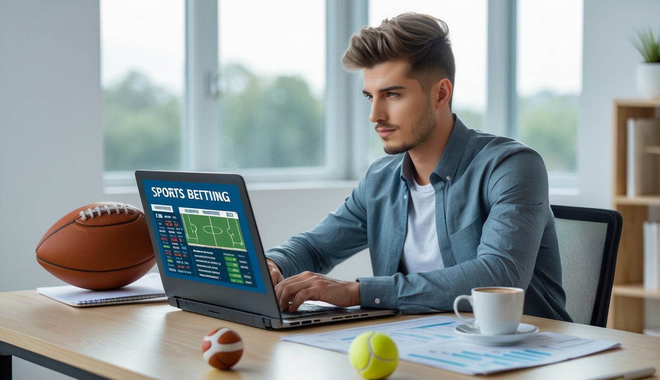 Seorang pria muda duduk di meja dengan laptop, dikelilingi bola olahraga dan catatan, fokus pada perencanaan strategi taruhan olahraga.