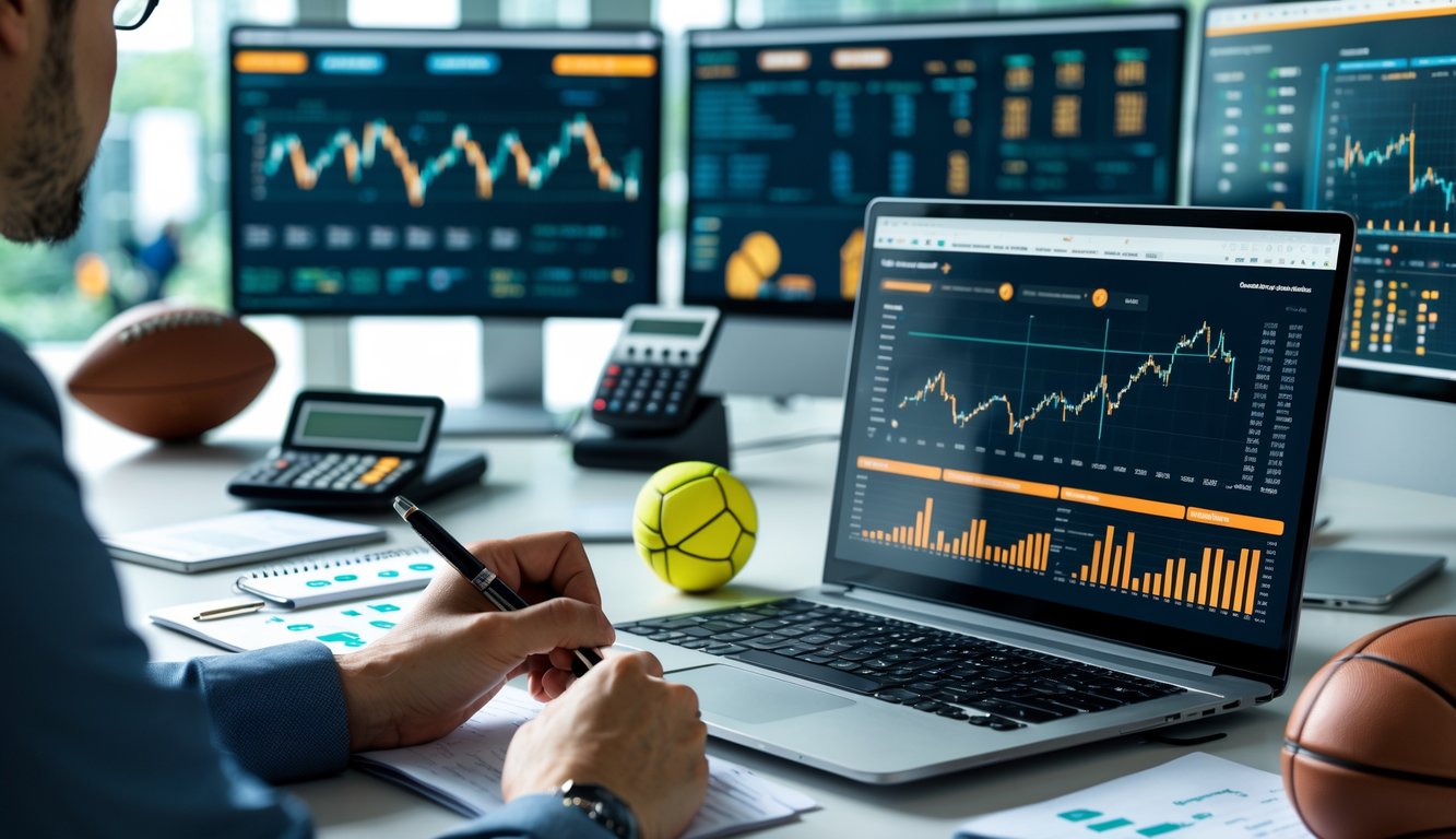 Meja kerja dengan laptop yang menampilkan grafik statistik olahraga, tangan seseorang sedang mencatat, dan layar besar menampilkan pertandingan olahraga dan data analitik.