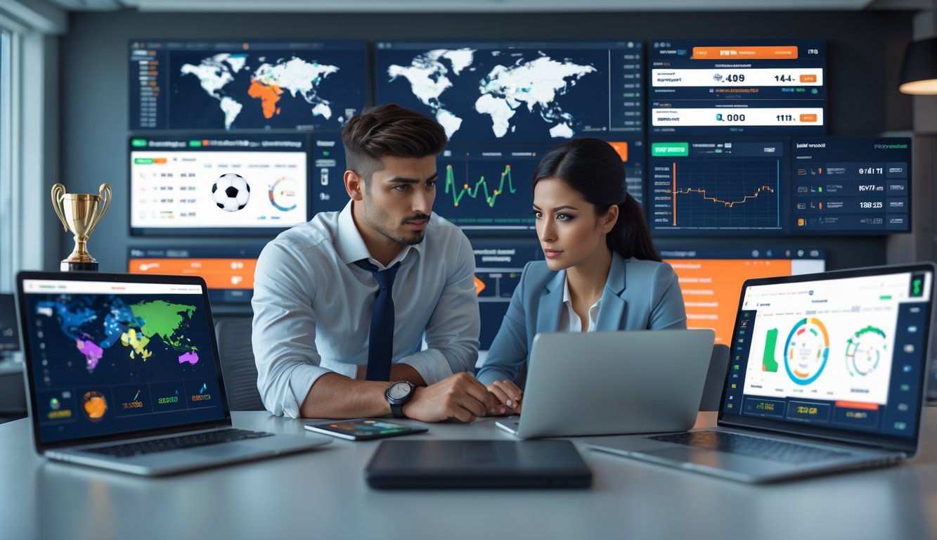 Dua orang muda sedang melihat layar komputer dengan data dan skor pertandingan olahraga internasional di sebuah kantor modern.