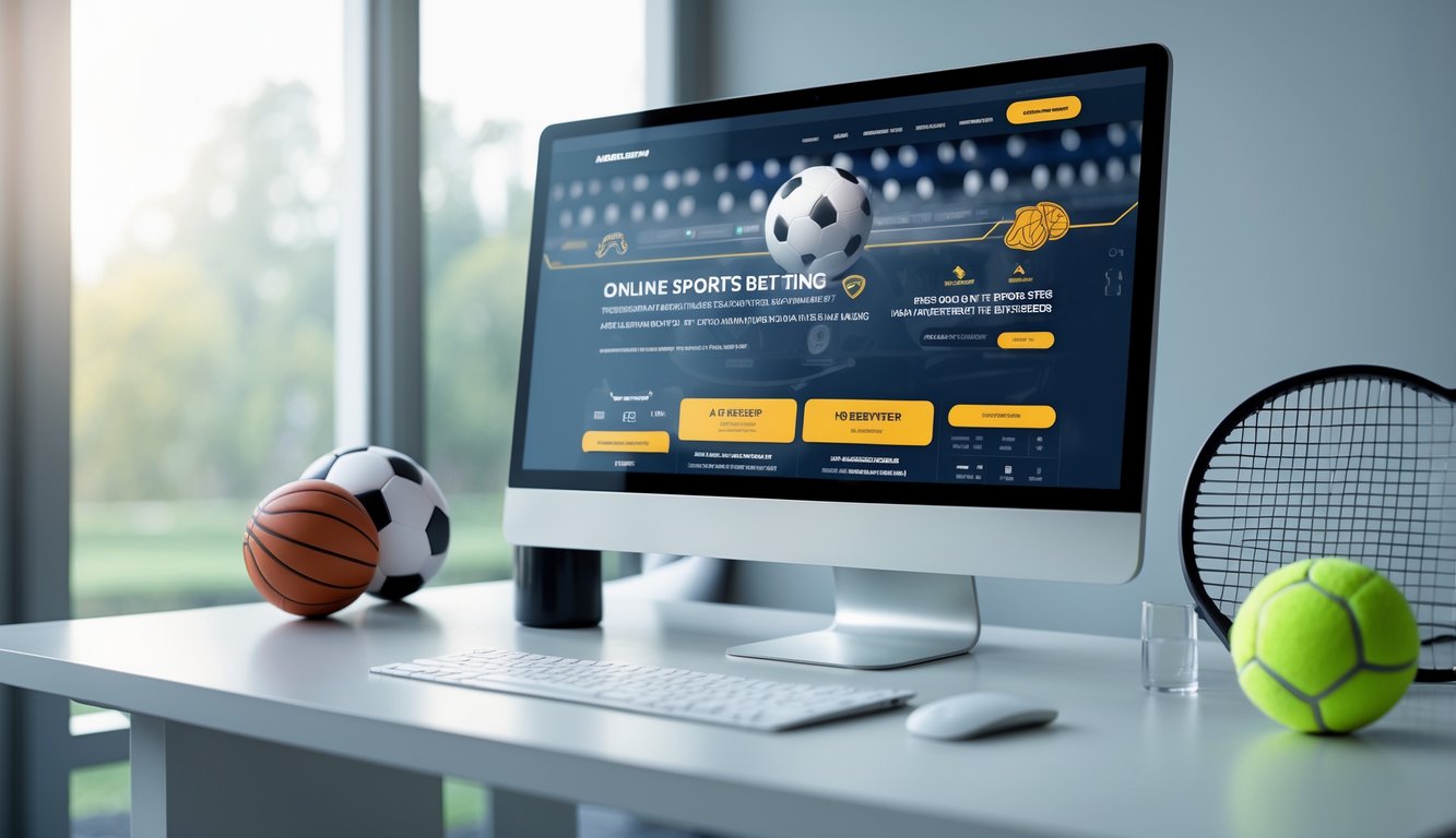 Sebuah meja kerja modern dengan komputer menampilkan situs taruhan olahraga, dikelilingi oleh perlengkapan olahraga seperti bola sepak dan raket tenis.