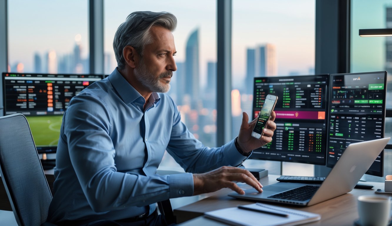 Seorang pria berpengalaman sedang menganalisis layar digital dengan data olahraga dan taruhan di ruang kerja modern.