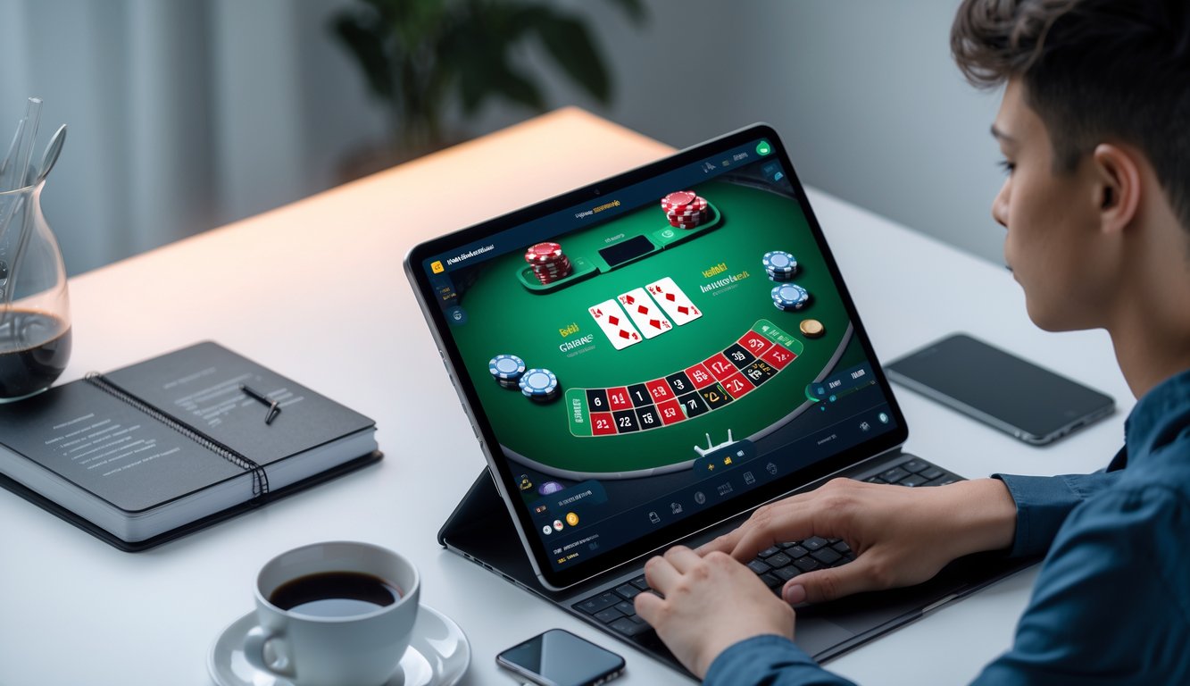 Seorang dewasa muda duduk di depan laptop yang menampilkan meja blackjack digital dengan kartu dan chip, di meja terdapat catatan strategi dan secangkir kopi.
