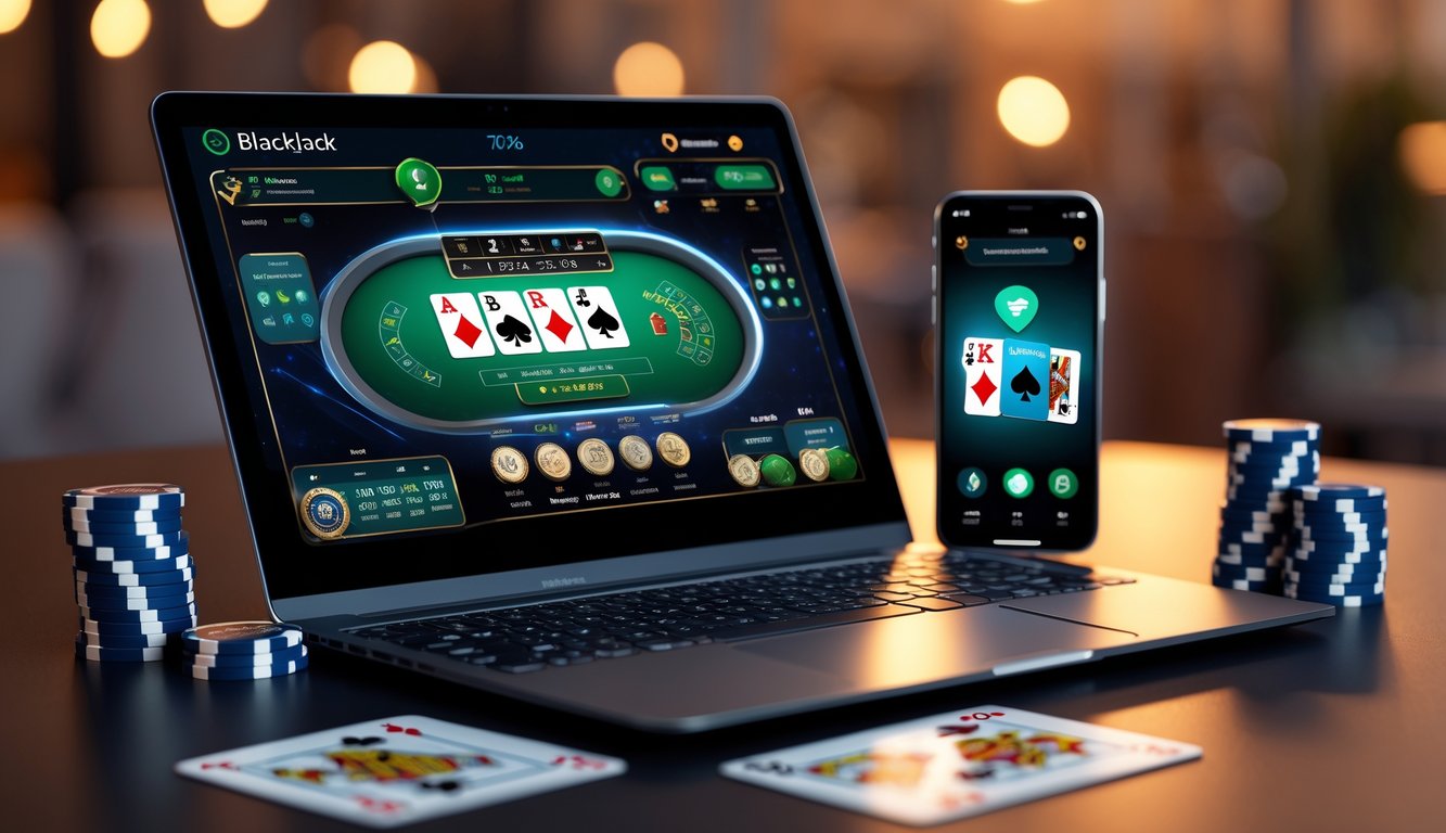 Seorang pemain sedang bermain blackjack online dengan laptop dan kartu remi di meja, dikelilingi chip poker dan ponsel.