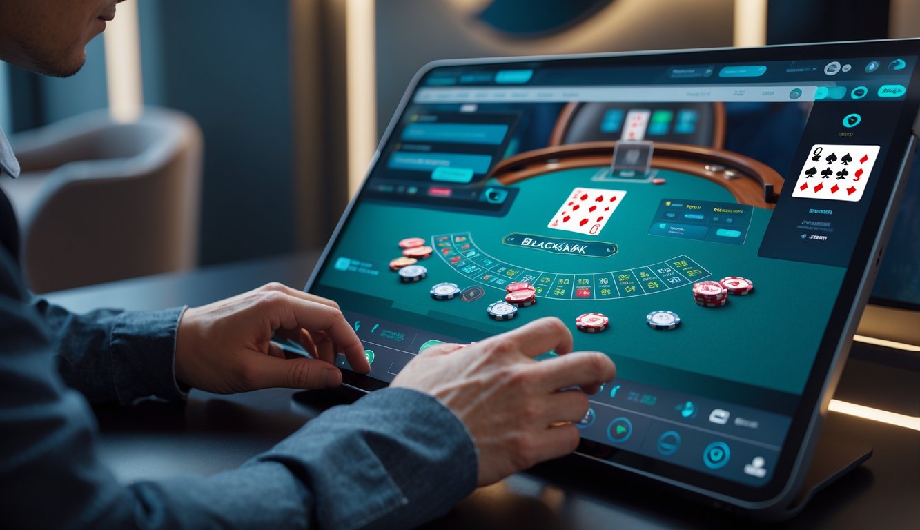 Seorang pemain sedang bermain blackjack online di depan layar komputer dengan kartu dan chip taruhan terlihat jelas.
