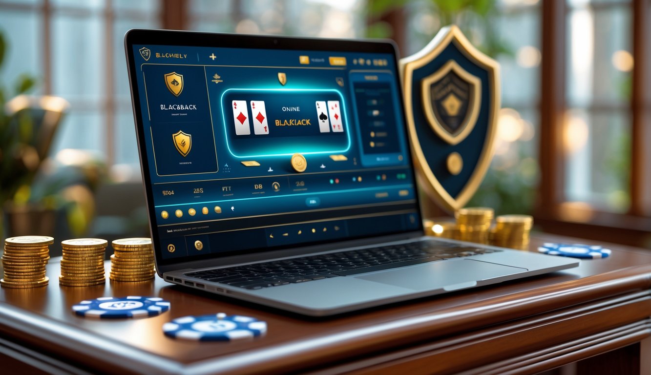 Seorang pengguna duduk di depan laptop yang menampilkan permainan blackjack online dengan kartu dan chip, di meja kayu dengan koin dan ikon keamanan di sekitar.