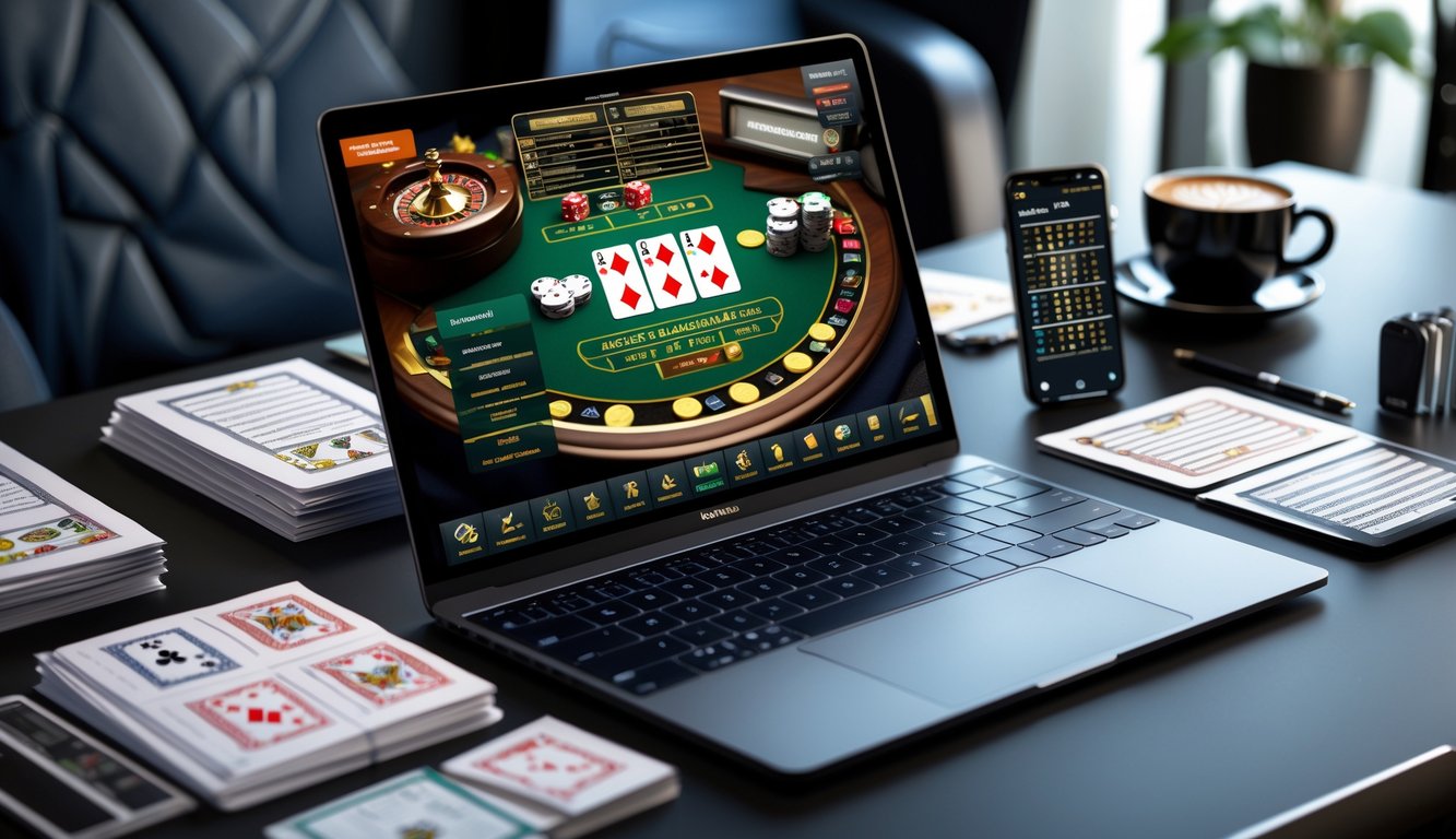 Sebuah laptop dengan permainan blackjack online di layar, dikelilingi oleh catatan, ponsel dengan grafik strategi, dan cangkir kopi di atas meja kerja yang rapi.
