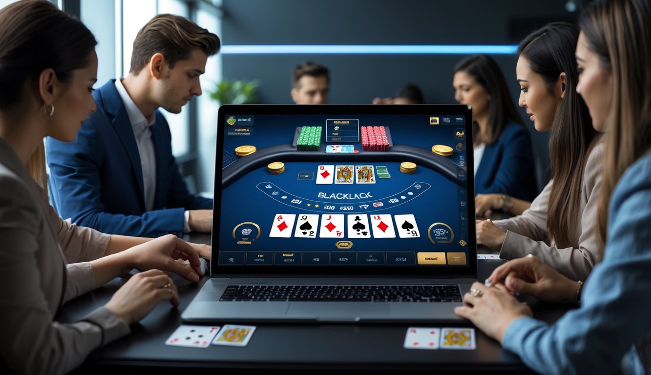 Beberapa orang sedang bermain blackjack online di layar laptop dengan kartu dan chip di meja, fokus pada strategi permainan.