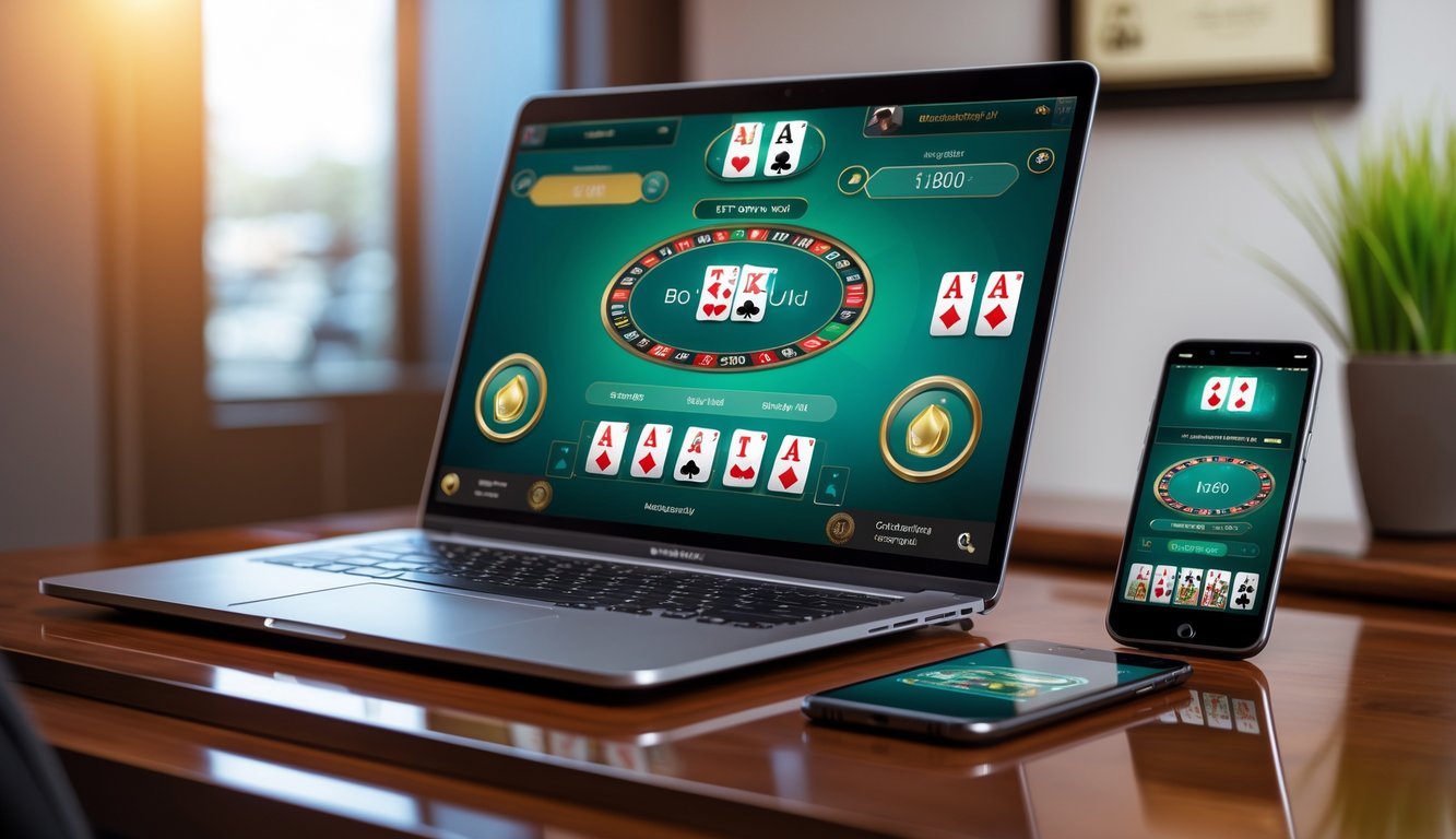 Seorang pria menggunakan laptop dan ponsel untuk bermain blackjack online di meja kayu dengan suasana yang terang dan nyaman.