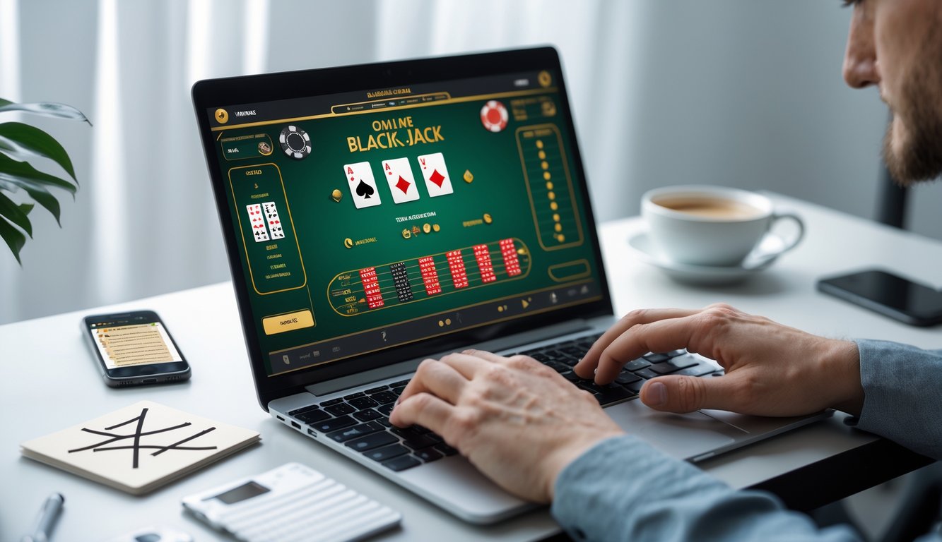 Seorang pemain fokus bermain blackjack online di laptop dengan tangan di keyboard, di meja rapi dengan beberapa benda seperti catatan dan ponsel di sekitar.