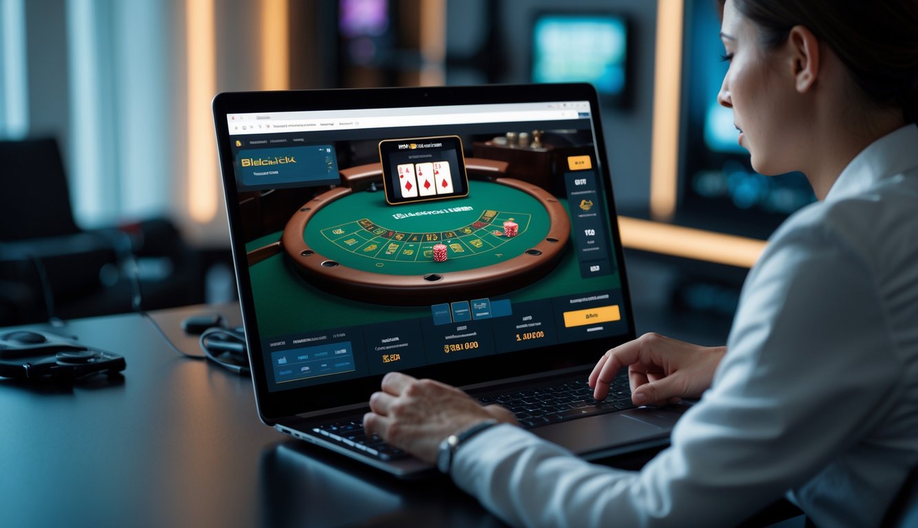 Seorang pemain sedang bermain blackjack online di depan layar komputer di ruang bermain yang modern dan terang.