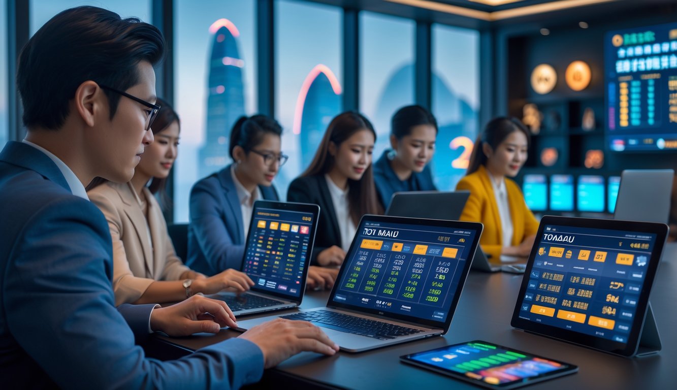 Beberapa orang menggunakan perangkat digital untuk bermain judi Toto Macau secara online di sebuah ruangan modern dengan pemandangan kota Macau di latar belakang.