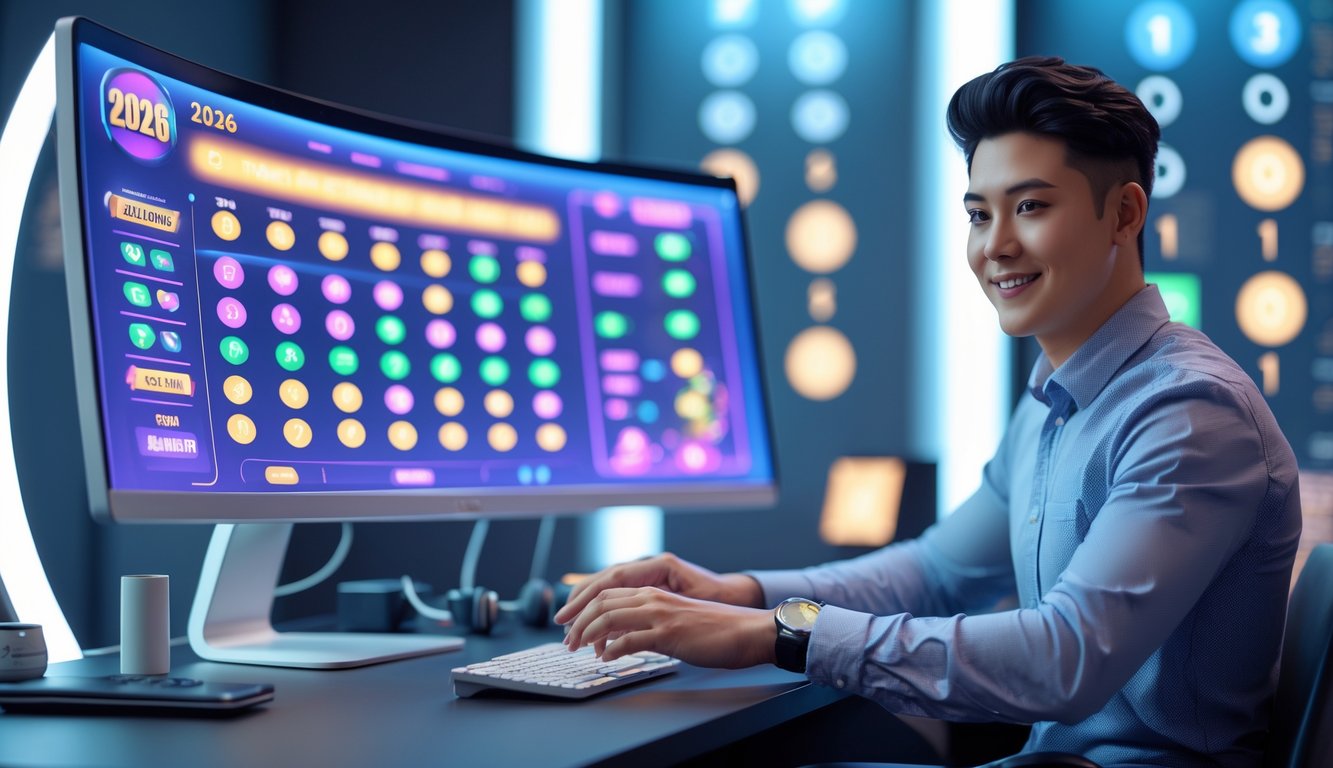 Seseorang duduk di depan komputer dengan tampilan grafik angka lotere dan suasana yang menunjukkan kepercayaan dan kesuksesan dalam permainan online.