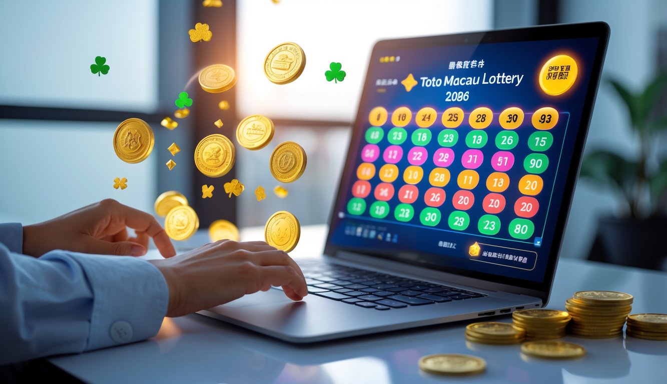 Seseorang menggunakan laptop dengan tampilan angka lotere dan koin emas di meja, menggambarkan suasana permainan judi online Toto Macau.