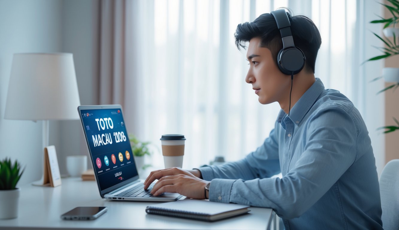 Seorang dewasa muda menggunakan laptop di meja kerja di rumah dengan pencahayaan alami, tampak fokus dan tenang saat bermain permainan online.