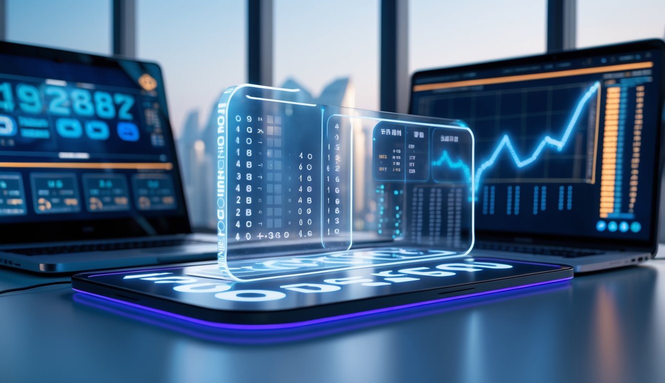 Antarmuka digital modern dengan pola angka dan grafik prediksi pada layar perangkat elektronik di ruang kantor dengan pemandangan kota Macau di latar belakang.