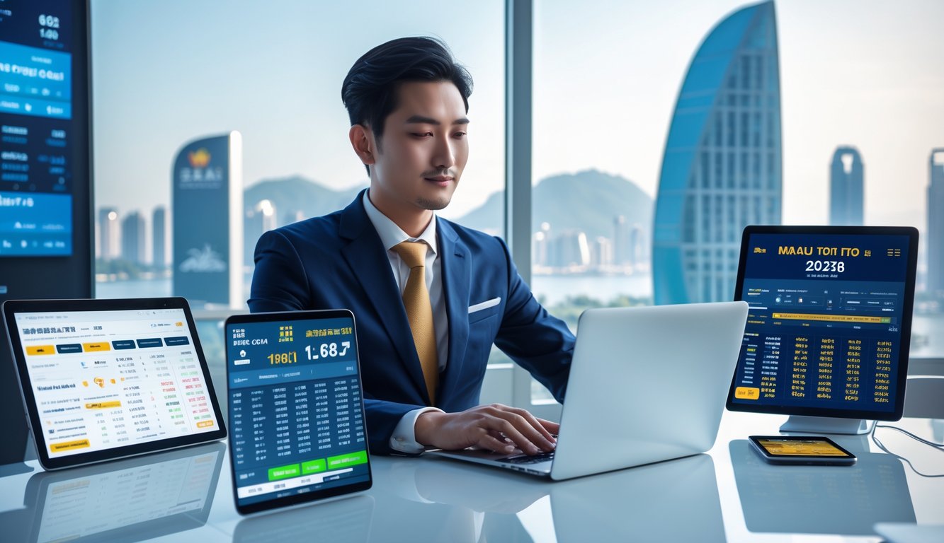 Seorang pria profesional duduk di meja kerja dengan laptop dan perangkat digital lain, menampilkan data terkait judi toto Macau online, dengan pemandangan kota Macau di latar belakang.