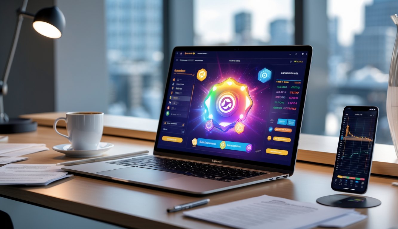 Meja kerja modern dengan laptop, smartphone, catatan, dan secangkir kopi di ruangan kantor dengan pemandangan kota di luar jendela.