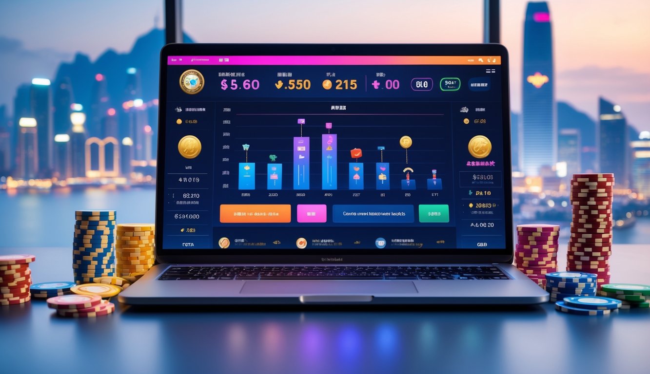 Sebuah laptop di atas meja dengan layar menampilkan antarmuka taruhan online yang hidup dan penuh warna, dikelilingi oleh chip kasino, kartu remi, dan dadu, dengan latar belakang samar garis langit kota Macau.