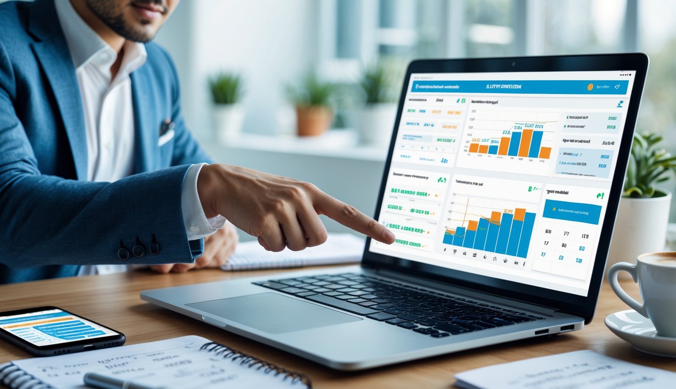 Seseorang sedang menggunakan laptop di meja kerja dengan tampilan angka dan grafik prediksi togel online, dikelilingi oleh smartphone, kopi, dan catatan.