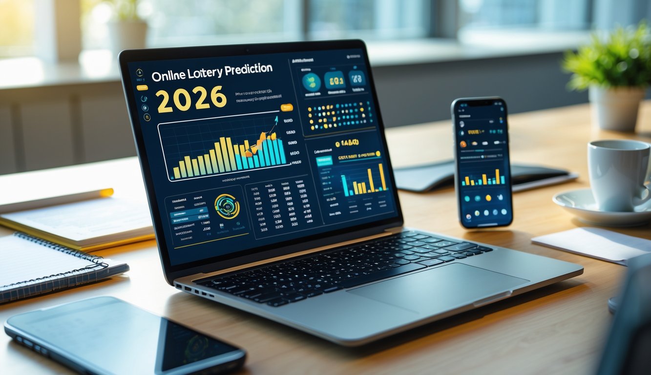 Suasana ruang kerja modern dengan laptop yang menampilkan grafik dan angka prediksi togel, telepon pintar dengan pembaruan langsung, dan secangkir kopi di atas meja.