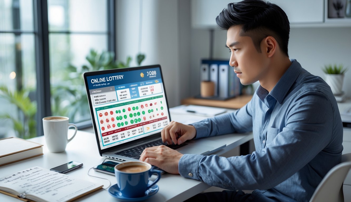 Seorang pria muda Asia duduk di meja kerja modern, fokus melihat layar laptop dengan angka dan grafik, di ruang kerja yang rapi dan terang.