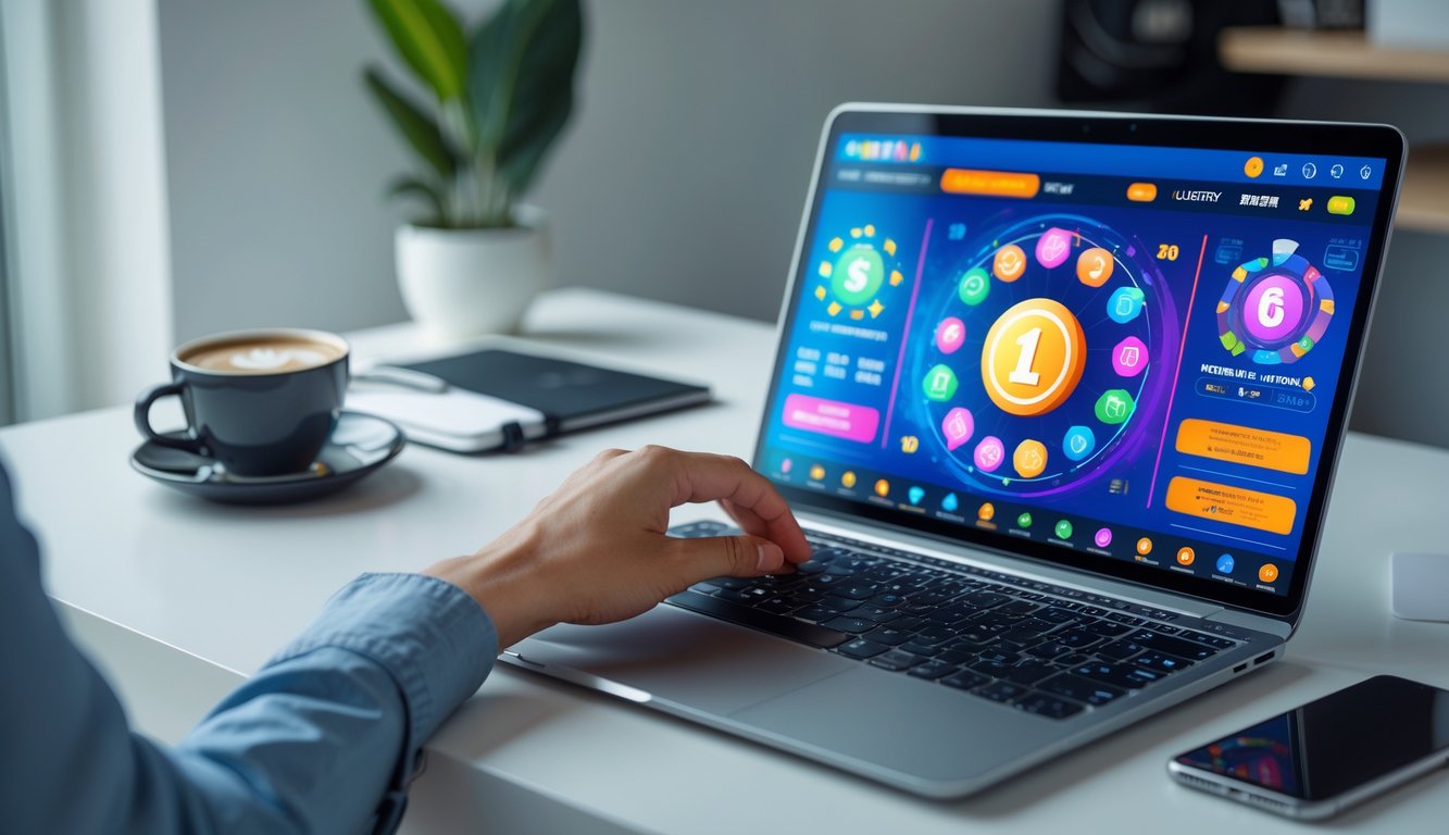 Seseorang menggunakan laptop di meja kerja dengan tampilan antarmuka digital terkait togel online, di lingkungan yang rapi dan nyaman.