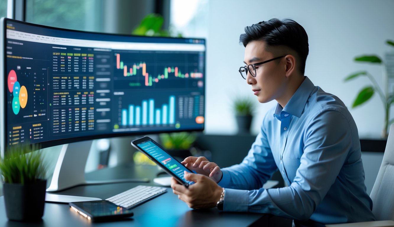 Seorang analis data sedang bekerja di depan layar komputer dengan grafik dan data statistik tentang prediksi togel Hong Kong tahun 2026 di sebuah kantor modern.