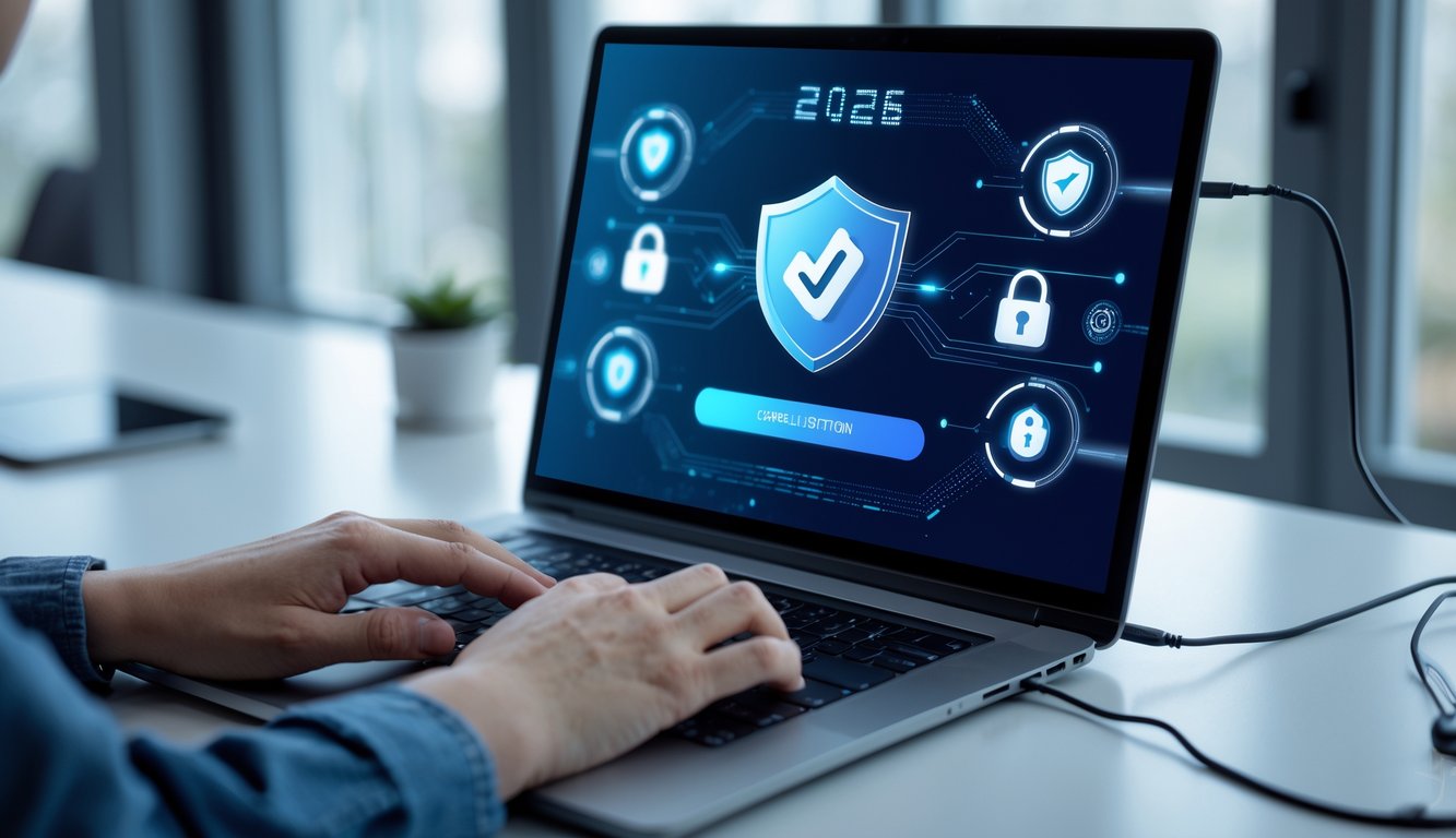 Tangan seseorang menggunakan laptop di meja kerja dengan ikon keamanan digital dan jaringan yang menyala di layar.
